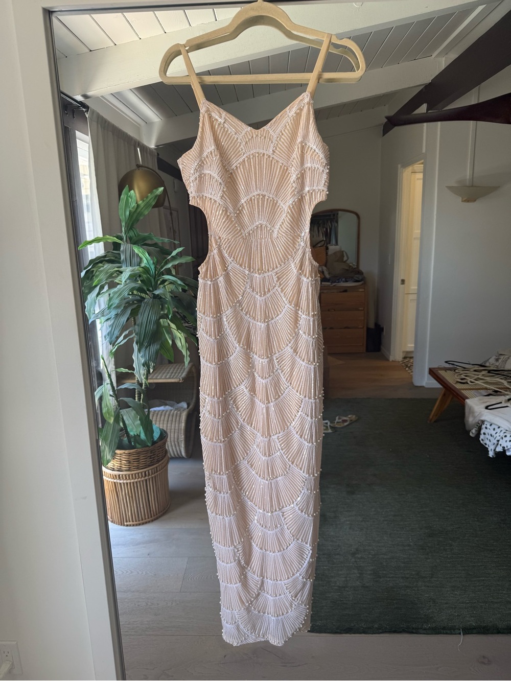 Elegant Beaded Sheath Dress —nude and white